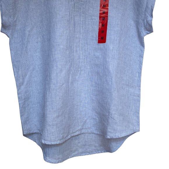 Adrienne Vittadini 100% Linen Blue White Striped Chambray Cap Sleeve Top Size M - Picture 6 of 14